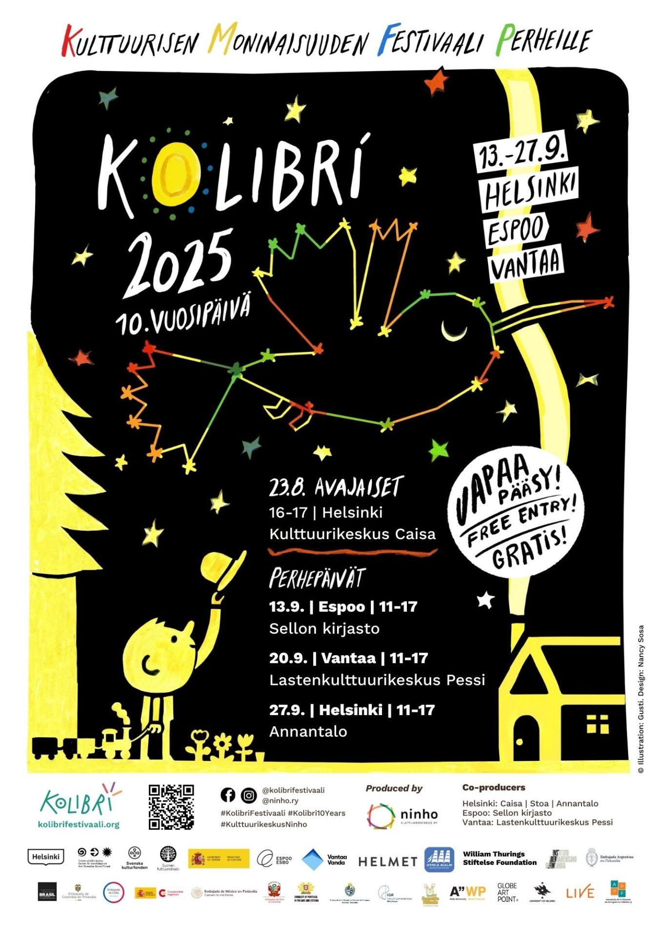 poster of children's festival Kolibrí Festivaali, created by Argentinian illustrator Gusti
